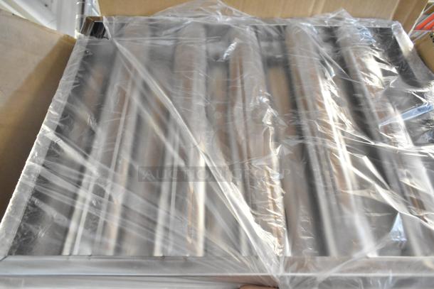 Brand new set of 6 metal grease hood filters in original packaging, pristine condition.