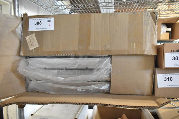 Brand new box of 6 metal grease hood filters, unopened. Box labeled "308" from PCI Auctions.
