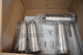 New set of 4 metal legs, silver, wrapped in plastic in a box, includes assembly instructions.