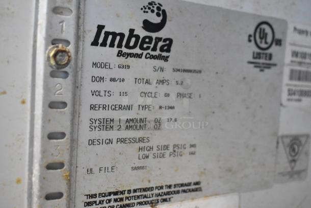 Imbera G319 metal commercial single door reach-in cooler label showing model, voltage, phase, and refrigerant details.