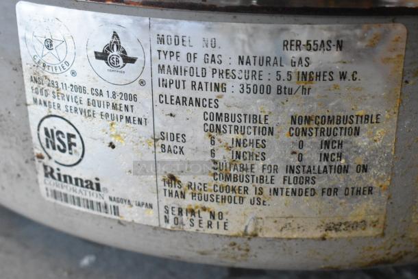 Rinnai RER-55AS-N natural gas rice cooker with 35,000 BTU/hr input. NSF and CSA certified, suitable for commercial use.