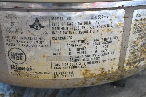 Rinnai RER-55AS-N countertop natural gas rice cooker label showing model information and specifications.