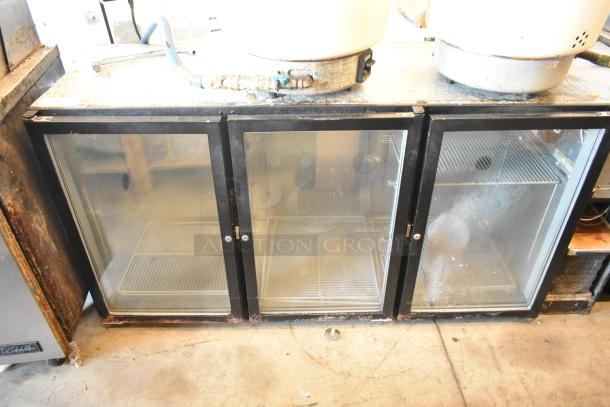 Beverage Air BB72G metal commercial 3-door back bar cooler with glass doors, shows signs of wear, 115 volts, 1 phase.