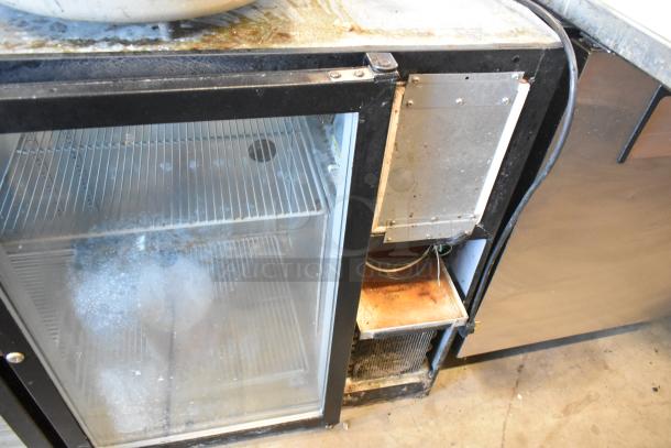 Beverage Air BB72G commercial 3-door back bar cooler, glass front, metal frame, 115 volts, interior shelves, used condition.