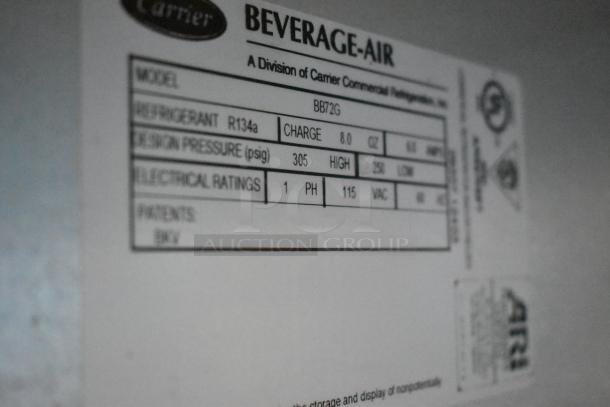 Beverage Air BB72G commercial 3-door cooler label, detailing model, refrigerant type R134a, 115V, 1-phase electrical rating.
