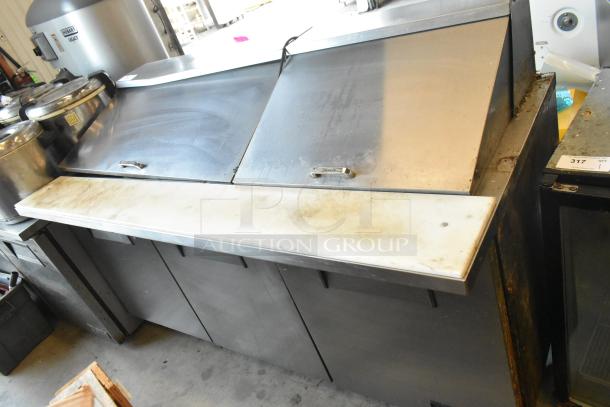 True TSSU-72-30M-B-ST stainless steel commercial prep table, bain marie mega top, on casters, worn condition.