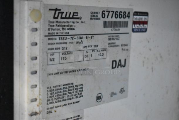 Label of True TSSU-72-30M-B-ST prep table. Shows specs: 115 volts, 1 phase, 1/2 HP. Made in USA, NSF certified.