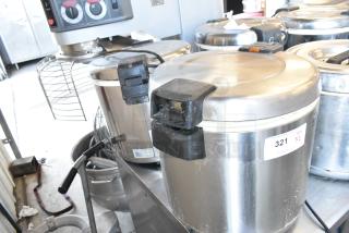 Two stainless steel rice warmers, 120 volts, 1 phase, with visible control panels and auction label 321.