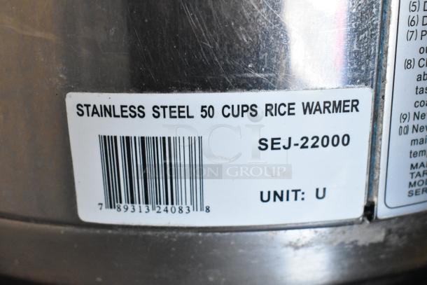 Stainless steel rice warmer, SEJ-22000, 50-cup capacity, 120 volts, 1 phase, visible label for unit U.