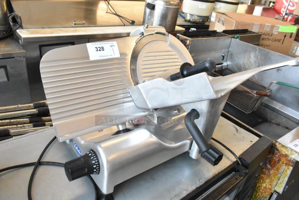 Globe G12 Metal Commercial Meat Slicer, countertop model with blade sharpener, 115V, 1 Phase, item 328 visible on label.