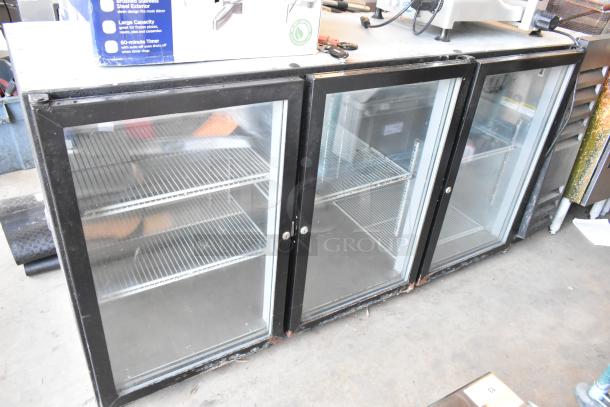 Beverage Air BB72G 3-door back bar cooler merchandiser, 115V, metal frame, glass doors, shelves, commercial use.