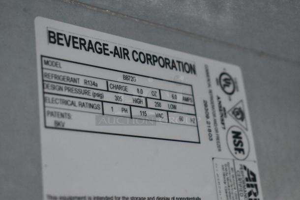 Beverage Air BB72G label showing refrigerant R134a, charge 8 oz, design pressure 305 high/250 low, 115V, 1 Phase.
