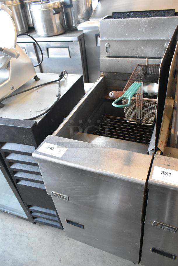 Pitco Frialator SG14 stainless steel deep fat fryer, natural gas, 110,000 BTU with metal fry basket and side splash guard.