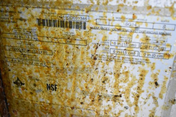 Pitco Frialator SG14 fryer label showing specifications: 110,000 BTU, natural gas type, 40 lbs capacity, NSF certified.