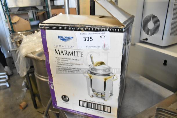 Brand new Vollrath Marmite Metal Soup Chafer in original box, 4.0 liters, stainless steel with gold accents, item #46325.