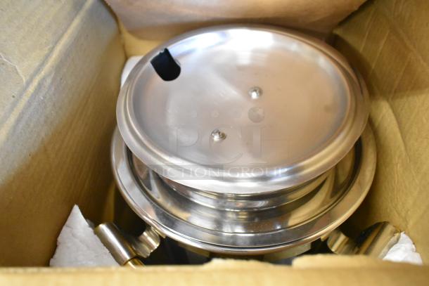 Brand new Vollrath Marmite metal soup chafer in box, stainless steel finish, lid with slot, ideal for serving soups.