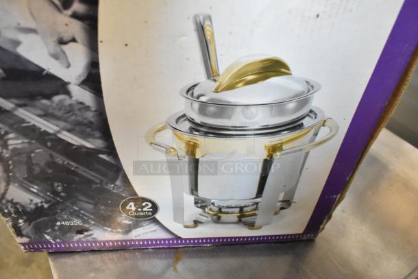 Brand new Vollrath Marmite Metal Soup Chafer in box, 4.2 quarts, features stainless steel with gold accents, model #48326.
