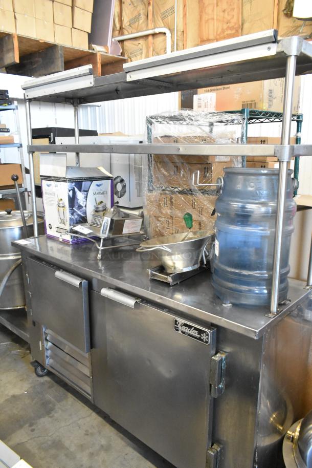 Leader LB60 S/C stainless steel 2-door worktop cooler with 2-tier overshelf, 115V, 1 phase, empty; shows exterior wear.