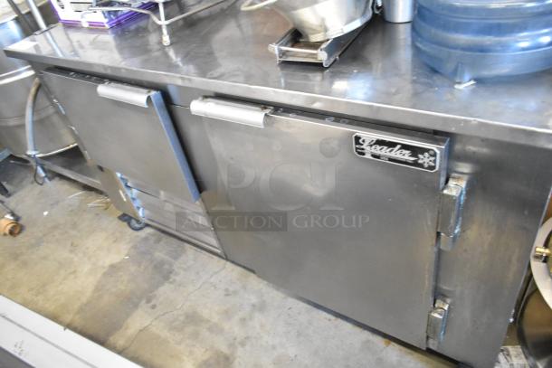 Leader LB60 S/C stainless steel commercial 2-door work top cooler with 2-tier over shelf. 115 volts, 1 phase. Clean condition.