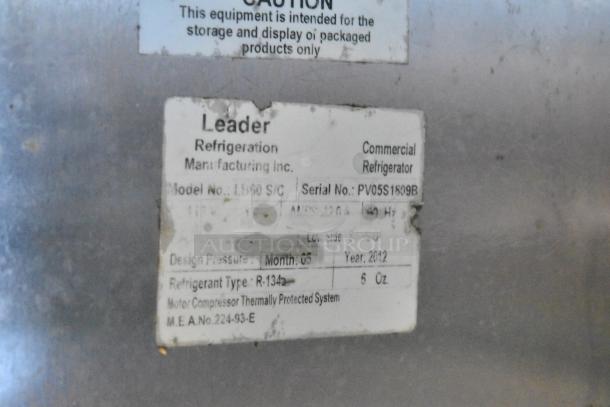 Leader LB60 S/C stainless steel commercial 2-door worktop cooler, 115V, 1-phase, with 2-tier shelf. Tag details model and specs.