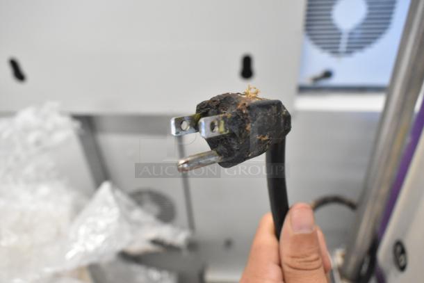 Leader LB60 S/C stainless steel cooler plug, shows wear and dirt. Part of a 2-door commercial worktop cooler. 115V, 1 phase.