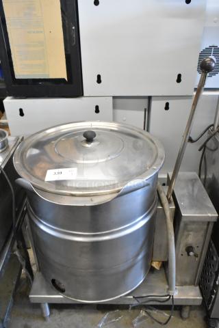 Cleveland KET-20T 20 Gallon Tilting Kettle, stainless steel, electric powered, commercial use, good condition, with lid.