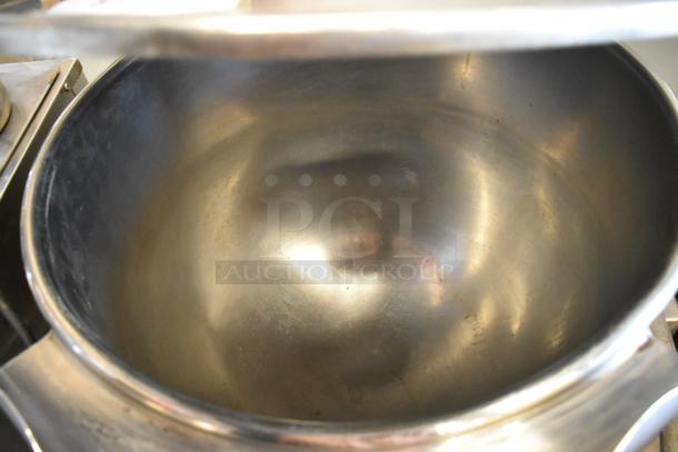 Cleveland KET-20T stainless steel 20-gallon tilting kettle, electric powered, in good condition, interior view.