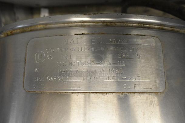 Cleveland KET-20T stainless steel 20-gallon tilting kettle, commercial electric-powered, Canada 1988. Model and specs plate shown.