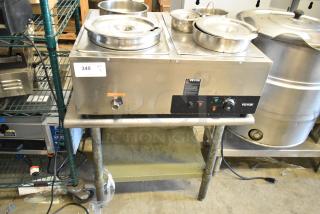 Vevor BM-6V stainless steel commercial food warmer on stand, 120 Volts, 1 Phase, visible controls, and labels.