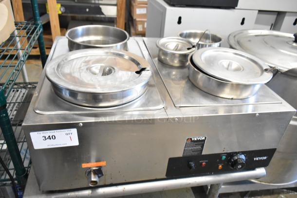 Vevor BM-6V stainless steel commercial food warmer with lids on a stainless steel stand, featuring control knobs, 120V, 1 phase.