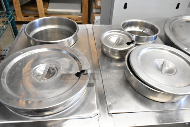 Vevor BM-6V stainless steel commercial food warmer on equipment stand, 120V, 1 phase, with multiple pots and lids.
