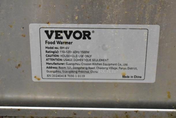 Vevor BM-6V stainless steel food warmer label, 120 Volts, 1 Phase. Shows model, voltage, and usage caution details.