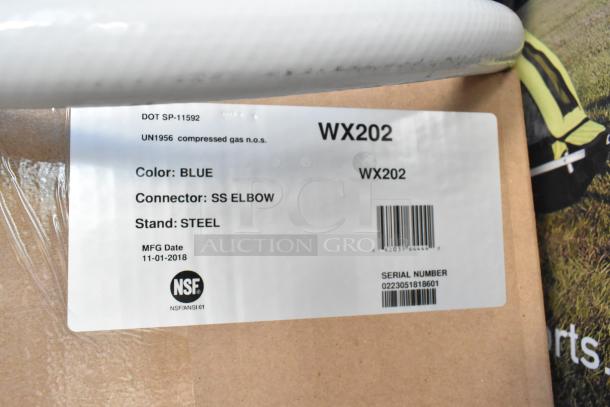 WellXtrol WX-202 Tank label, blue color, SS elbow connector, steel stand, MFG date 11-01-2018, NSF certified.