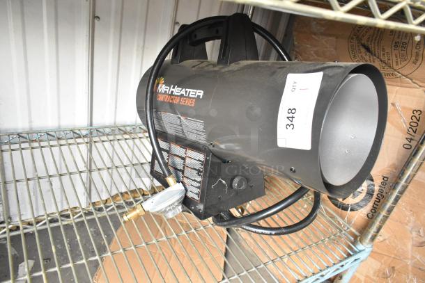 Mr Heater Propane Gas Powered Heater, Contractor Series, black, used condition. Visible control panel, nozzle, and labeled with “348 QTY 1.”