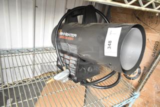 Mr Heater Propane Gas Powered Heater, Contractor Series, black, used condition. Visible control panel, nozzle, and labeled with “348 QTY 1.”