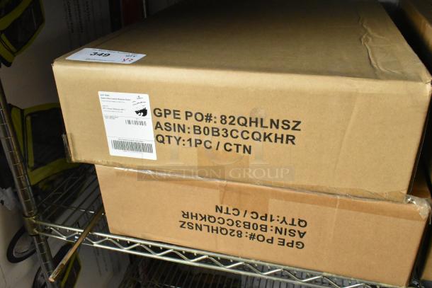 Box of B0B3CCQKHR brand new wire shelf set, unopened. Labels show ASIN: B0B3CCQKHR, GPE PO #: 82QHLNSZ.
