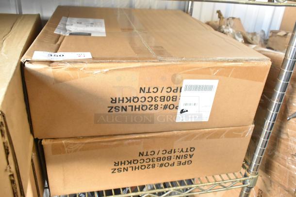 Two sealed boxes of B0B3CCQKHR wire shelf sets on a metal rack, labeled for auction, brand new condition.
