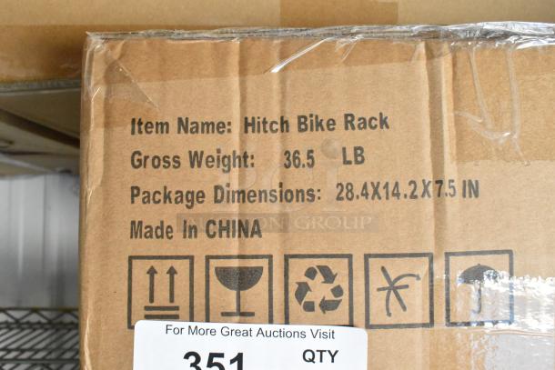 Brand new hitch bike rack box with a gross weight of 36.5 lbs; dimensions 28.4x14.2x7.5 inches. Made in China.
