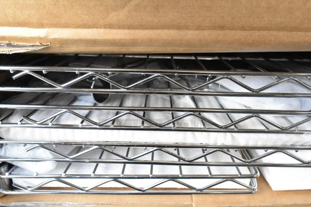 New wire shelf set in box, model B0B3CCQKHR, featuring durable chrome finish. Packaging is unopened.