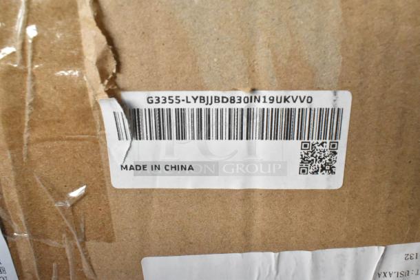 Brand new unopened box labeled G3355-LYBJJBD830IN19UKVV0, made in China. Barcodes and QR code visible.