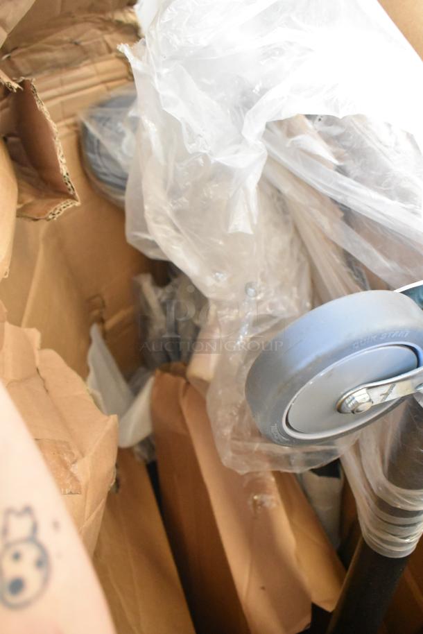 Brand new unit in packaging with visible commercial caster wheel, marked "Quik Start," ready for assembly.