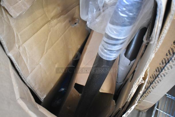 Brand new unit with commercial casters, in original packaging. Includes parts wrapped in protective plastic. Box shows minimal wear.