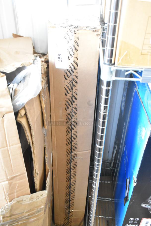 Brand new photography backdrop in sealed EMART box, cardboard packaging intact, label number 358 visible.