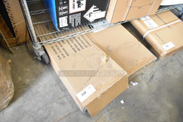 Brand new black finish 3-tier cat cage playpen in a sealed cardboard box with visible item code "359" on a label.
