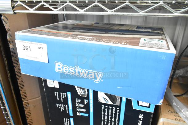 Brand new Bestway inflatable mattress in blue box, includes one air mattress and storage bag, weight capacity 330 lbs.
