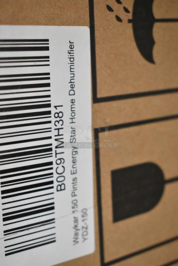 New Waykar YDZ-150 dehumidifier in box with barcode. Features 150 pint capacity, Energy Star label, model YDZ-150.