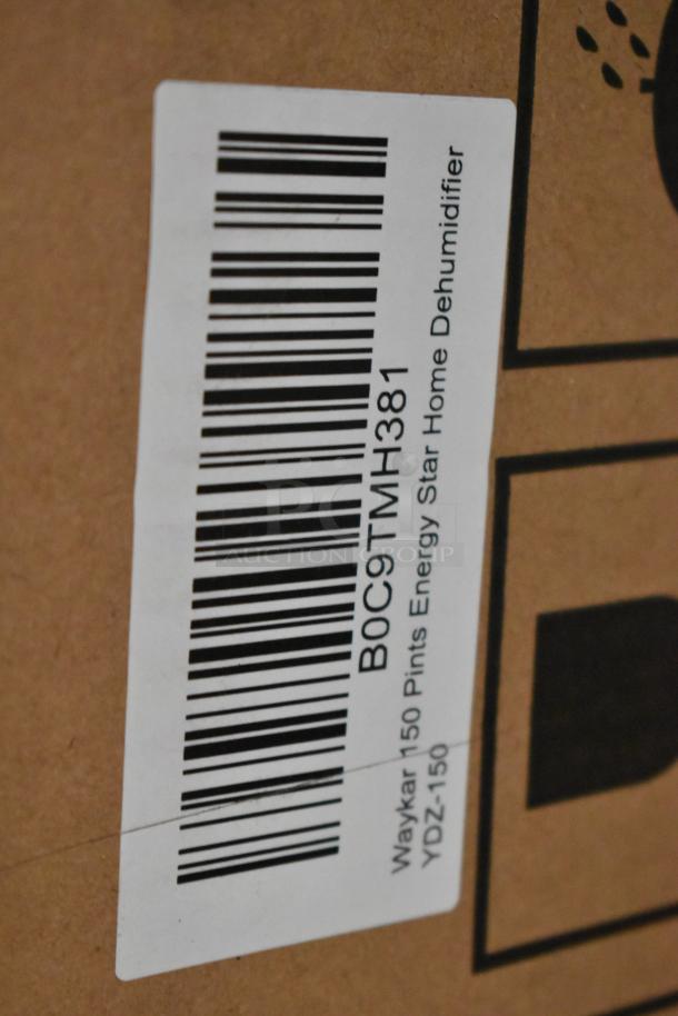 Box with label showing Waykar YDZ-150 Dehumidifier, 150 Pints, Energy Star, new condition, barcode B0C9TMH381.