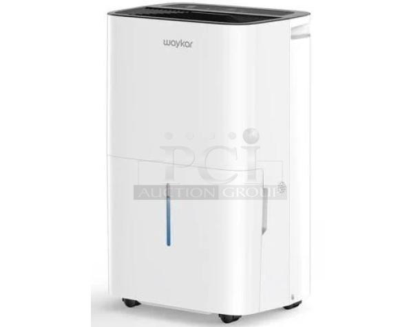 Brand new Waykar YDZ-150 dehumidifier in box; sleek white design, visible water level indicator, caster wheels for easy mobility.