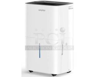 Brand new Waykar YDZ-150 dehumidifier in box; sleek white design, visible water level indicator, caster wheels for easy mobility.