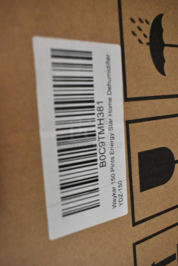 Box with label showing Waykar YDZ-150 Dehumidifier. Brand new, 150 pints, energy-efficient model. Barcode visible.
